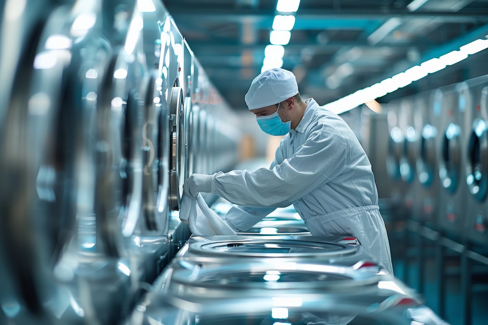 Addetto della lavanderia al lavoro sulle lavatrici professionali